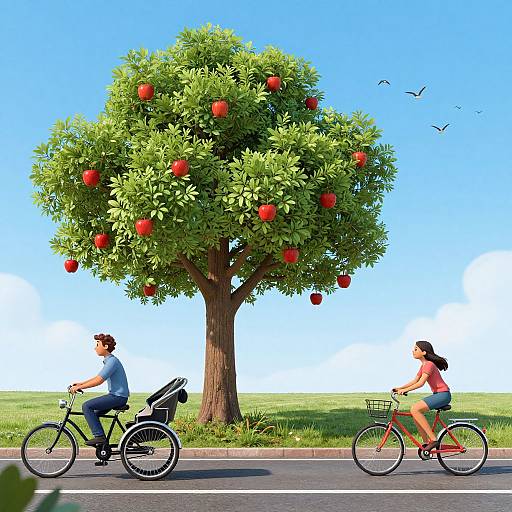 Digital illustration of a man with a stroller and a woman on bikes, passing a lush apple tree with red apples under a clear blue sky and bright