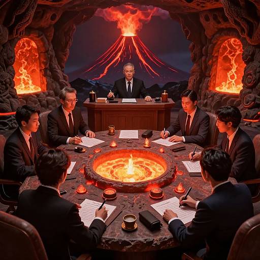 Photograph-style digital illustration: Six men in black suits around a volcanic table, discussing papers, with a central volcano, erupting mountain, and fiery