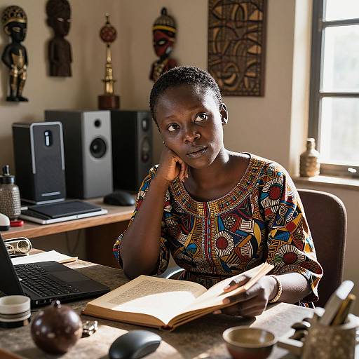 Photograph of a dark-skinned African woman in colorful geometric-patterned blouse, reading a book at a sunlit table, with African masks and speakers