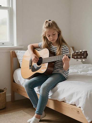 Girl Playing Acoustic Guitar in Bedroom