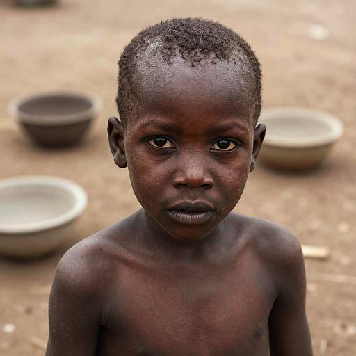 Photograph of a young, bare-chested African boy with short curly hair, dark skin, and serious expression, standing on dry, brown ground with