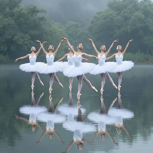 Photograph of five ballerinas in white tutus, standing in a reflective lake, arms gracefully raised, surrounded by misty green forest.