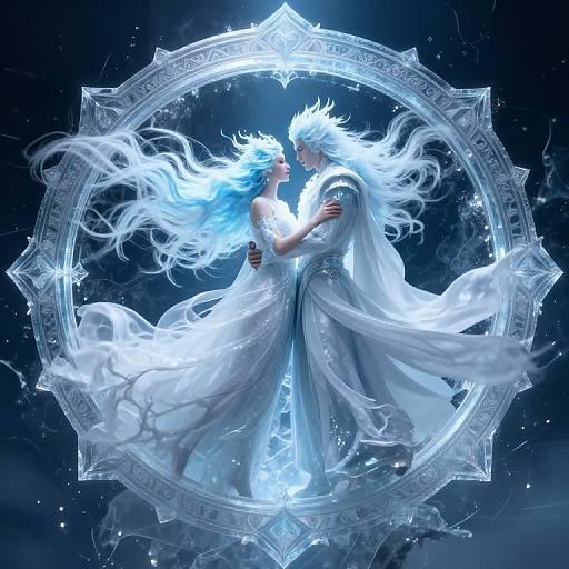 Digital artwork of two ethereal, white-haired figures in flowing, glowing white robes, embracing within a radiant, circular, ornate, celestial frame.
