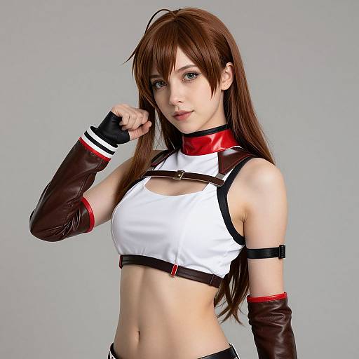 CGI image of a young woman with long brown hair, wearing a white crop top with black and red accents, brown gloves, and arm bands,