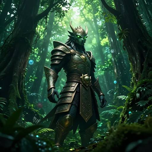 Digital fantasy art of a muscular, armored, horned forest creature with glowing green eyes, standing in a lush, moonlit forest.