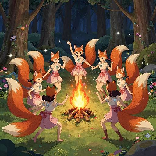 Digital anime-style illustration of six fox girls with red-orange fur and white-tipped tails, dancing around a campfire in a moonlit forest. W