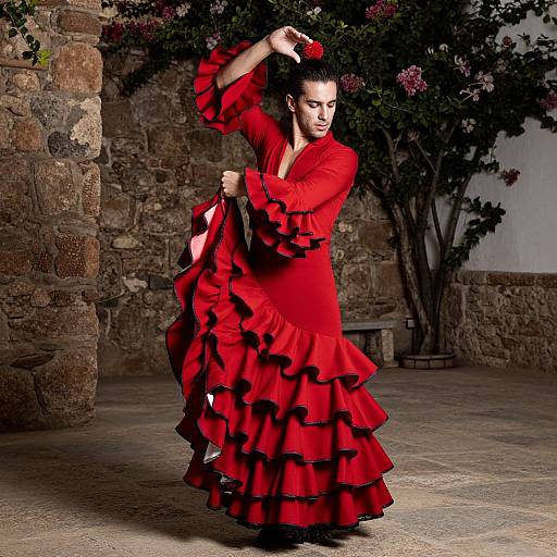 Photograph of a dark-haired woman in a vibrant red, ruffled flamenco dress, dancing elegantly in a stone-walled courtyard with blooming