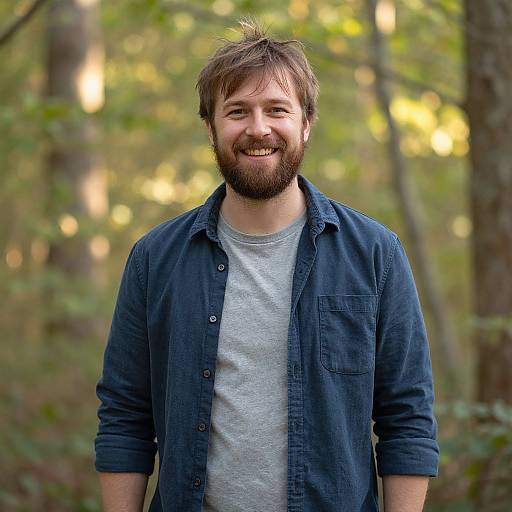 Smiling Bearded Man in Sunlit Forest