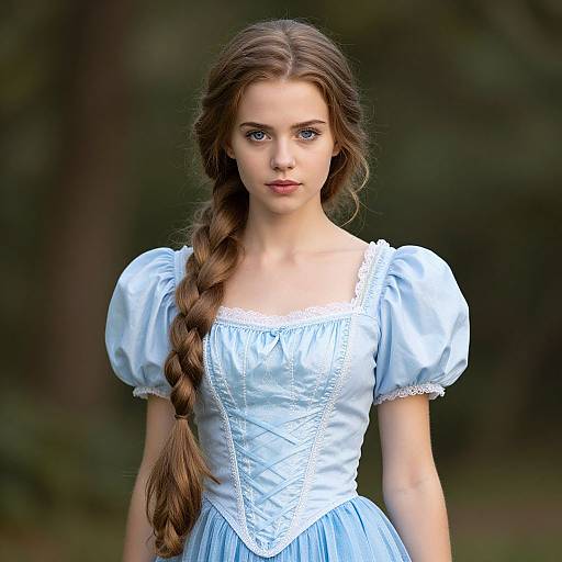 Photograph of a young woman with long brown braided hair, wearing a blue puffed-sleeve dress with white lace, standing in a forest