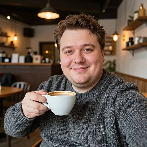 Photograph of a smiling, chubby, fair-skinned man with short brown hair, wearing a gray knit sweater, holding a white coffee cup in a