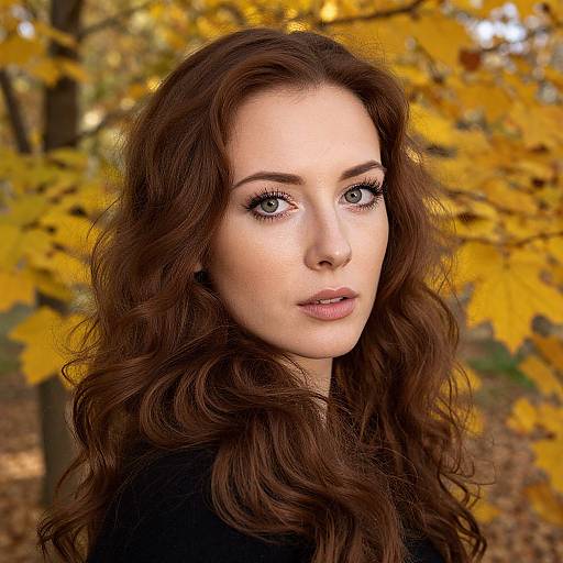 Photograph of a beautiful woman with long, wavy brown hair, blue eyes, and fair skin, standing in an autumn forest with yellow leaves.