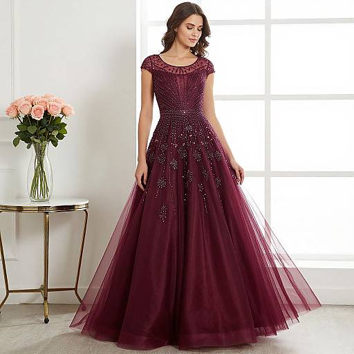 Elegant Woman in Burgundy Beaded Prom Dress