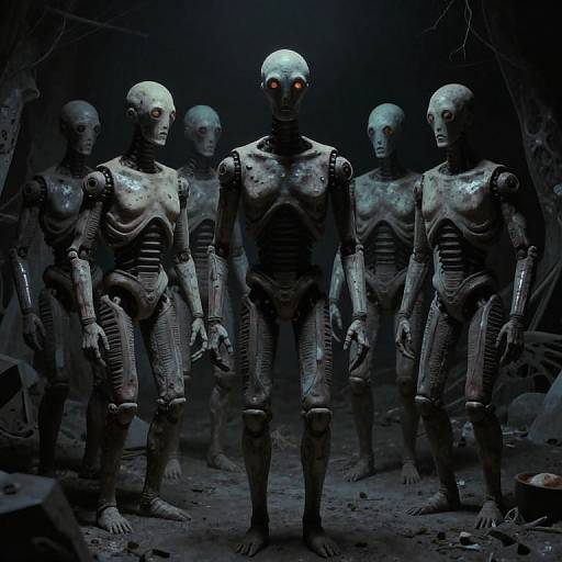 Photorealistic CGI of six glowing-eyed, metallic humanoid robots standing in a dimly lit, dark cave with rocky debris.