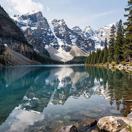 Photograph of a serene mountain lake with clear reflections of snow-capped peaks and evergreen trees, surrounded by rocky shoreline.