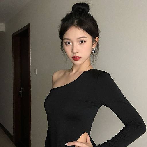 Photograph of an Asian woman with black hair in a bun, wearing a black off-shoulder top, red lipstick, and diamond earrings, standing
