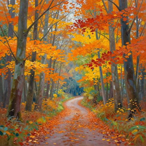 Vibrant Autumn Forest Path Painting