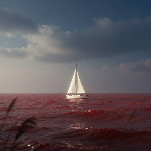 Photograph of a white sailboat with illuminated sails navigating through dark red, slightly choppy ocean waters under a dramatic, cloudy blue sky at sunset.