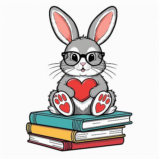 Cute Bunny with Heart on Books