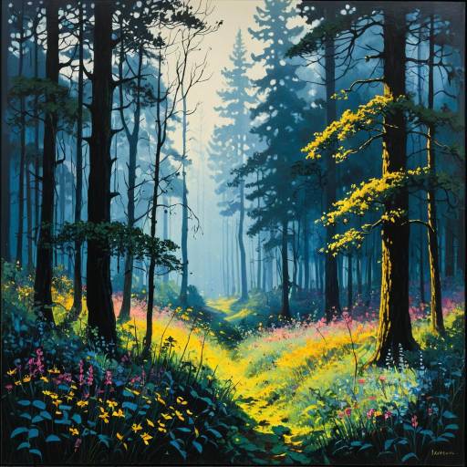 Misty Ancient Forest Clearing with Wildflowers