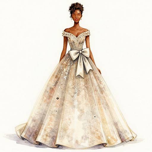 Photograph of a dark-skinned woman in an off-the-shoulder, white, floral-embellished ball gown with a large bow,
