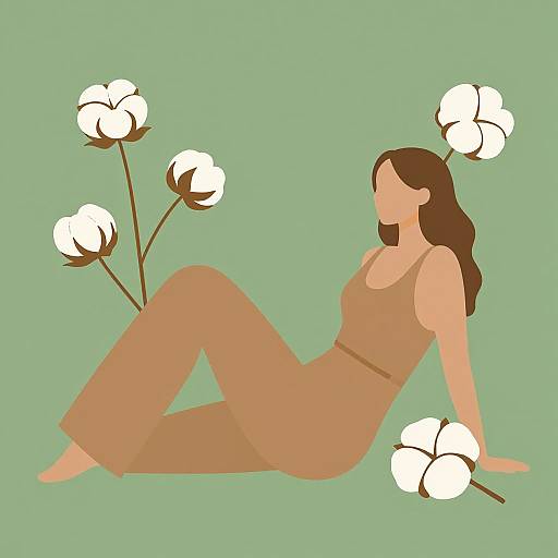 Digital illustration of a brown-haired woman in a tan dress, reclining against white cotton flowers on a green background.