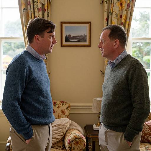Photograph of two middle-aged men in blue and gray sweaters, standing in a warmly lit, floral-patterned living room, smiling at each other