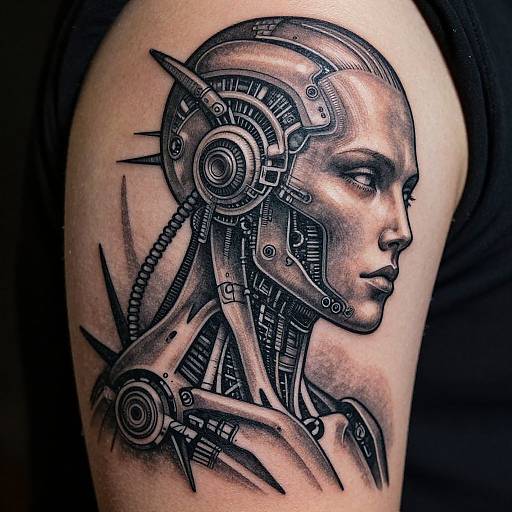 Black and gray tattoo of a robotic human head on arm, showcasing intricate mechanical parts and gears, with detailed shading.