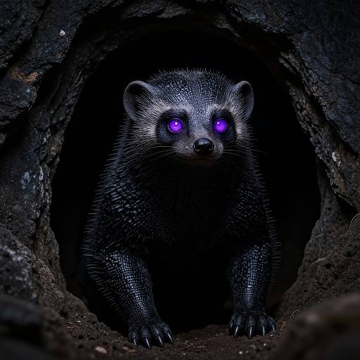 Photograph of a black, glowing-eyed raccoon emerging from a dark, rocky cave, with a dramatic, high-contrast, eerie blue tint.