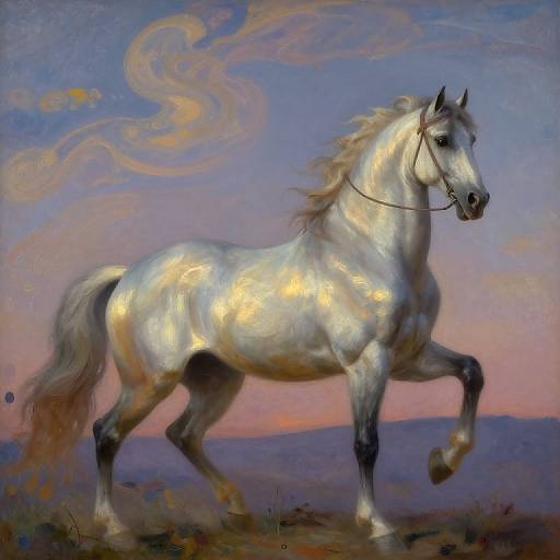 Painting of a majestic white horse with a flowing mane, galloping against a vibrant sunset sky with swirling clouds.