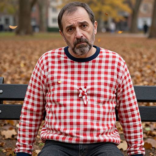 Middle-aged man with grey beard, wearing red and white checkered sweater, sitting on black bench in autumn park, surrounded by fallen leaves. Photograph.