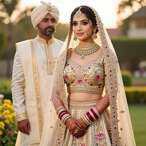 Photograph of a South Asian couple; bride in ornate gold and green traditional attire, veil, jewelry, standing beside groom in white sherwani