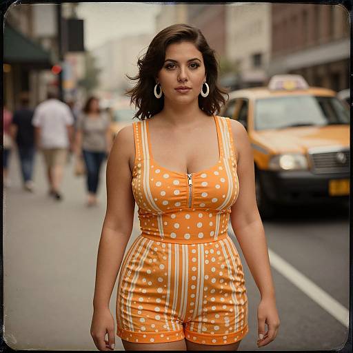 Photograph of a curvy woman with dark brown hair in an orange polka-dot romper, standing on a busy city street with a yellow taxi
