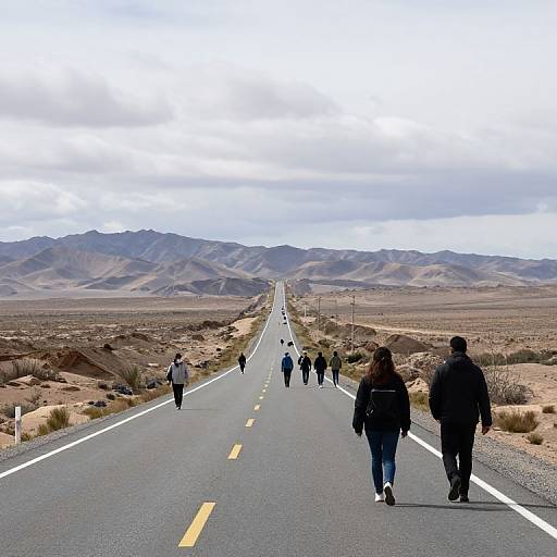 Photograph of a group walking on a desolate, straight road through a barren desert landscape with mountain ranges in the background.