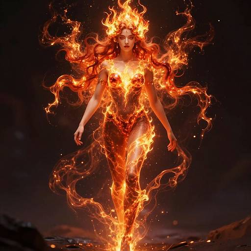 Photorealistic digital artwork of a fiery, ethereal woman with long, blazing red hair, standing in a dark, fiery landscape. Flames envelop her