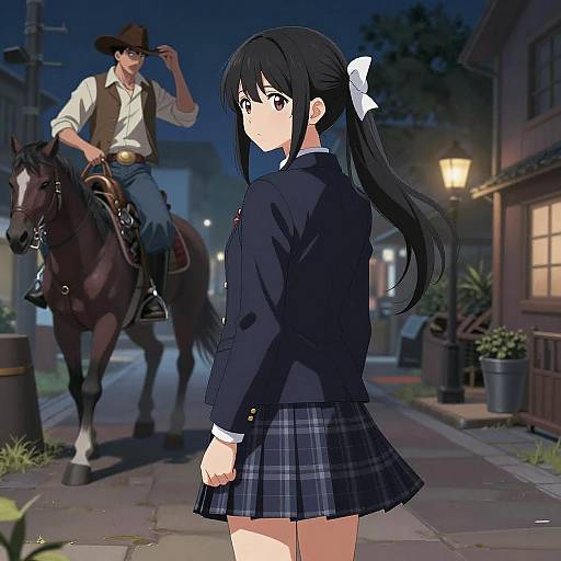 Anime-style digital illustration: shy schoolgirl in plaid skirt and blazer looks back at cowboy in brown hat riding horse on nighttime street.