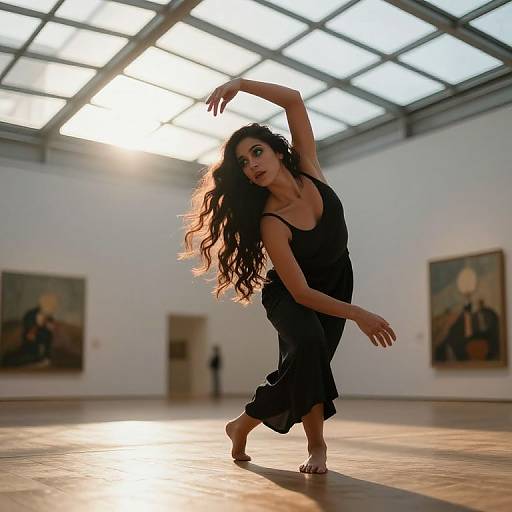 Photograph of a barefoot, long-haired woman in a black dress dancing gracefully in a sunlit, modern art gallery with high ceilings and framed paintings