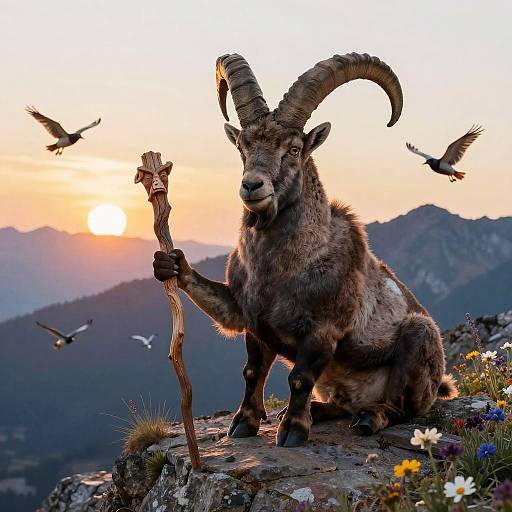 Majestic Horned Mountain Goat at Sunrise