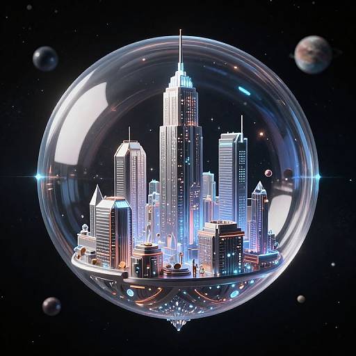 Digital illustration of a neon-lit city skyline enclosed in a transparent bubble, floating in a dark, starry outer space with small planets in the background