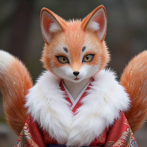 Digital artwork of an anthropomorphic fox with orange fur, yellow eyes, and white fur collar, wearing a red kimono with gold patterns, against a
