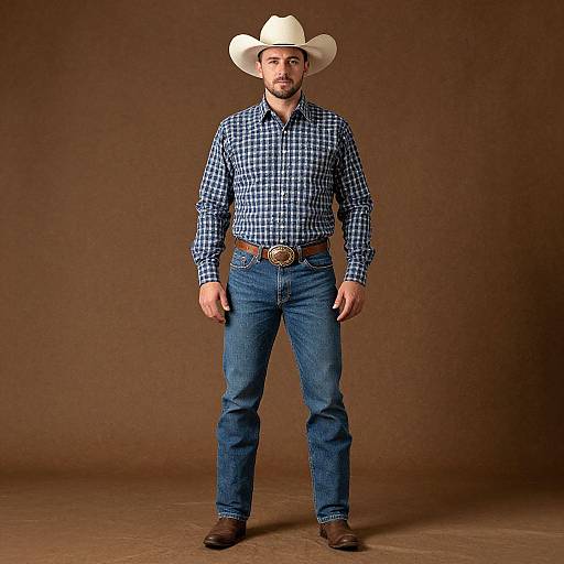 Photograph of a bearded man in a white cowboy hat, blue checkered shirt, blue jeans, brown belt, and brown boots, standing against