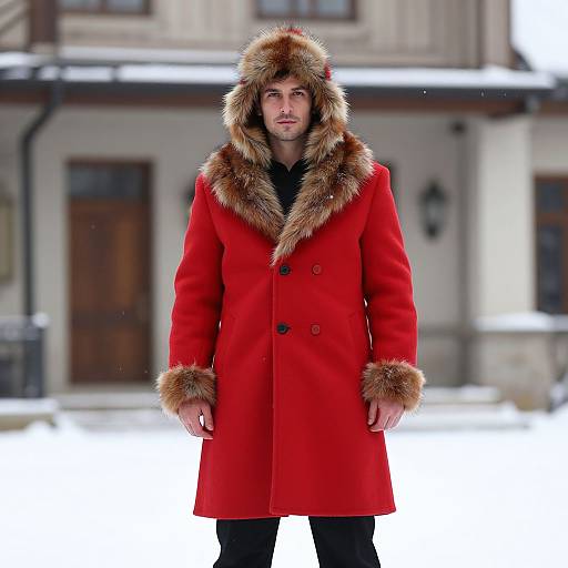 Photograph of a bearded man in a bright red, fur-trimmed winter coat with a fur hat, standing in a snowy urban setting.