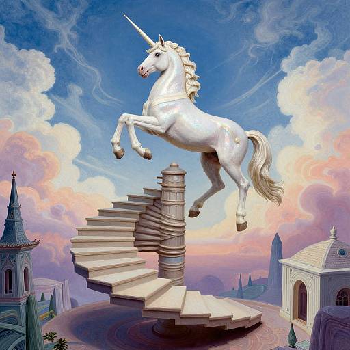 Digital fantasy artwork of a white unicorn with a spiraling stone staircase beneath, set against a vibrant, cloudy sky with medieval buildings.