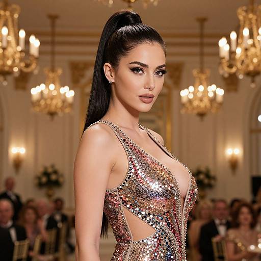 Photograph of Kylie Jenner in a sparkling, low-cut sequin gown, standing in an elegant, warmly lit ballroom with chandeliers.