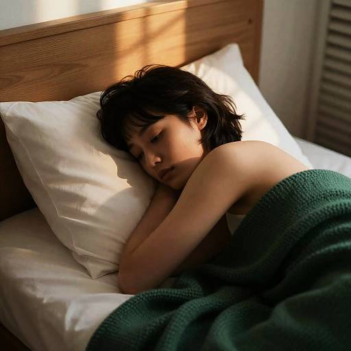 Woman Resting in Bed with Green Blanket