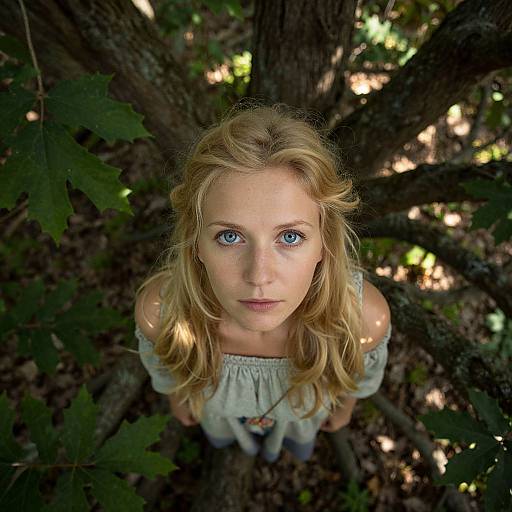 Photograph of a blonde woman with blue eyes, wearing a white off-shoulder top, standing in a forest, looking up at the camera,