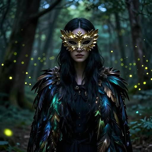 Mysterious forest woman with long black hair, wearing a gold feathered mask and dark feathered cloak, surrounded by glowing fireflies. Photograph.
