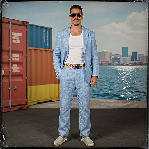 Photograph of a smiling man in a light blue checkered suit, white tank top, black sunglasses, and beige shoes, standing by colorful shipping containers