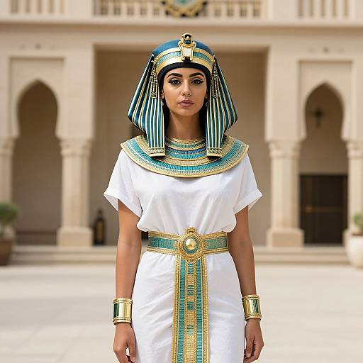 Photorealistic CGI of a young woman in ancient Egyptian attire, wearing a striped headdress, white dress, gold and turquoise jewelry, standing in front