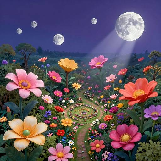 Digital artwork of a vibrant, moonlit garden with colorful flowers, a winding flower path, and four glowing moons in a deep blue night sky.