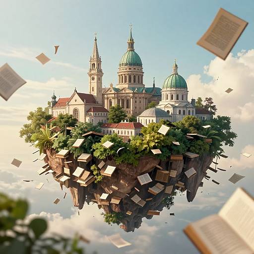 Digital artwork of a floating, lush island with historic European-style buildings, green domes, and flying papers against a bright blue sky.